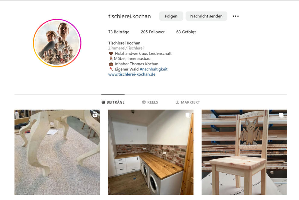 Screenshot des Instagramprofiles von Tischlerei Kochan mit Link zum  Instagram-Profil